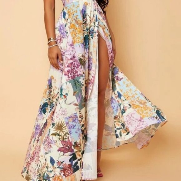 Floral open back slit thigh Maxi Dress shabby chic - Picture 6 of 10